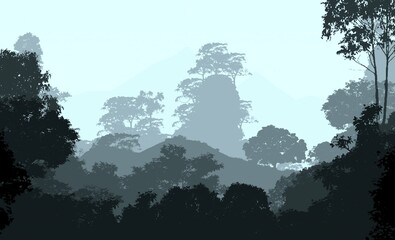 Trees in the fog. Deep forest haze. Hills covered by plants and foliage. Shrubs and bushes. Majestic view. Deep forest.