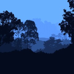 Trees in the fog. Deep forest haze. Hills covered by plants and foliage. Shrubs and bushes. Majestic view. Deep forest.