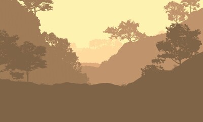 Trees in the fog. Deep forest haze. Hills covered by plants and foliage. Shrubs and bushes. Majestic view. Deep forest.