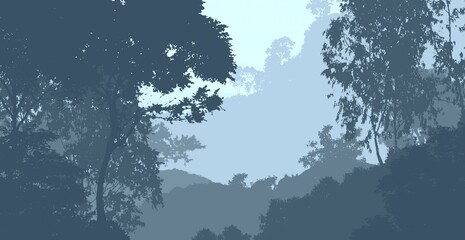 Trees in the fog. Deep forest haze. Hills covered by plants and foliage. Shrubs and bushes. Majestic view. Deep forest.