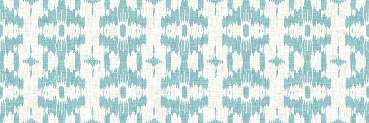 Aegean teal geometric border strip linen texture background. Summer coastal living style home decor fabric effect. Sea green wash grunge edge material. Decorative textile geo seamless pattern banner.