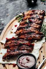 grilled barbecue ribs pork. Tasty bbq meat. banner, menu, recipe top view