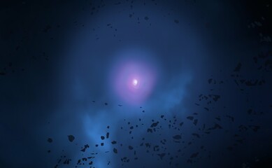 Bright star in deep, cold space. Blue empty universe art. Science fiction illustration.