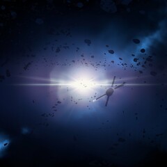 Bright star in deep, cold space. Blue empty universe art. Science fiction illustration.