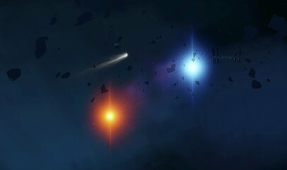 Bright star in deep, cold space. Blue empty universe art. Science fiction illustration.