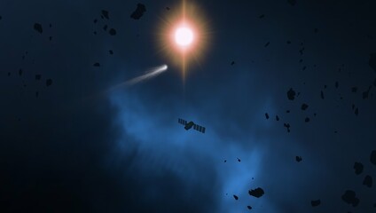 Bright star in deep, cold space. Blue empty universe art. Science fiction illustration.