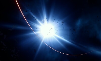 Bright star in deep, cold space. Blue empty universe art. Science fiction illustration.