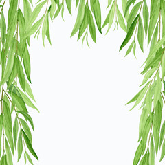 Open frame made of willow green branches on a white background. Watercolor drawing. © Irina
