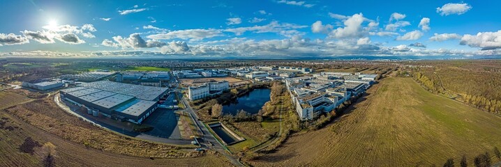 Drone panorama of the industrial area in Moerfelden near Frankfurt airport during the day