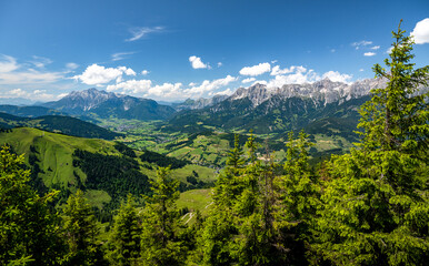 Fototapeta na wymiar Panorama view of a summer alpine landscape, Maria Alm and Saalfelden, Salzburg, Austria
