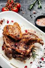 Grilled fried roast Chicken tobacco, Traditional Georgian cuisine, Homemade freshly baked juicy chicken with herbs