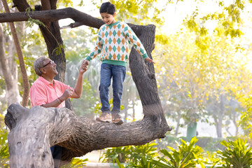 Happy grandfather holding hand of playful grandson walking on tree trunk at park
