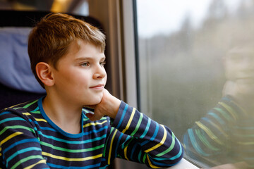 Adorable kid boy traveling by train. Happy smiling child looking out of the window during train...