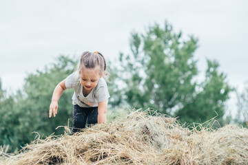 Little laughing girl 3-4 years old jumps and plays in hay stack on background of trees