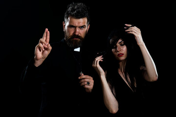 Church Pastor with sexy nun. Seductive monk. Priest sin.