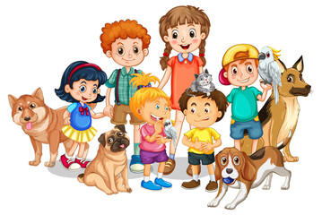 Kids with their dogs on white background