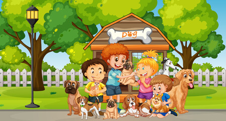 Park scene with children playing with their animals