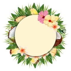 Watercolor frame of tropical leaves, flowers and fruits on isolated white background