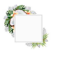 Watercolor frame of tropical leaves, flowers and fruits on isolated white background
