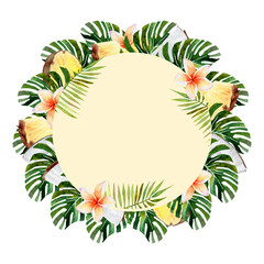 Watercolor frame of tropical leaves, flowers and fruits on isolated white background