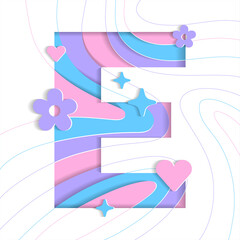 E Alphabet Abstract Paper Lively Flower Heart Sparkle Shine Blue Pink Violet Lilac Purple Mountain Geography Contour Map 3D Layer Line Cutout Card Web Banner