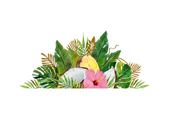 Watercolor illustration of tropical leaves, flowers and fruits on isolated white background