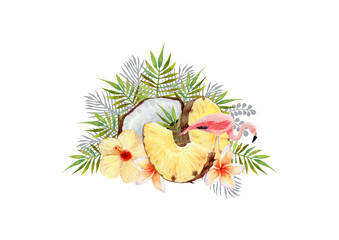 Watercolor illustration of tropical leaves, flowers and fruits with flamingo on isolated white background