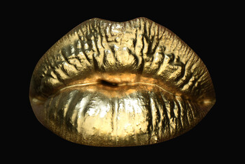 Lip icon with golden glitter effect. Sensual mouth. Symbol of kiss from golden lipstick. Glamour luxury gold mouth. Gold metal lip.