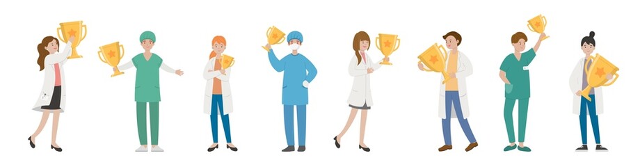 8 paramedics man or woman doctor combination, medical worker with trophy, cartoon comic vector
