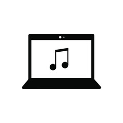 Laptop screen with music note. App element. Audio symbol. Notebook computer. Line art. Vector illustration. Stock image. EPS 10.