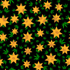 cannabis seamless pattern green leaves of marijuana on a black background with yellow big stars