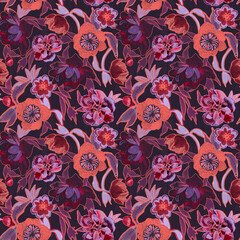 Painterly Hellebore flowers background, bold floral seamless pattern. Perfect for textile, apparel, wallpaper, stationery - 477574850