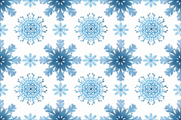 Winter horizontal background. Blue geometric snowflakes.