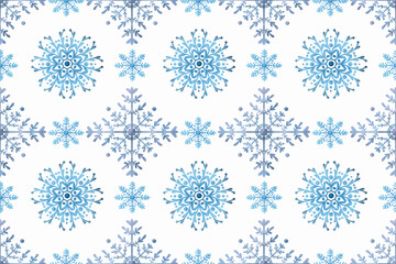 Winter horizontal background. Blue geometric snowflakes.