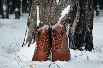 Shoes for hiking and traveling. Front view of pair of new men's leather brown winter boots standing...