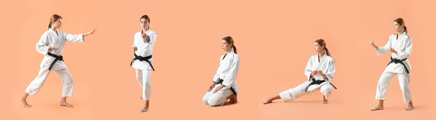 Set of young women practicing karate on color background