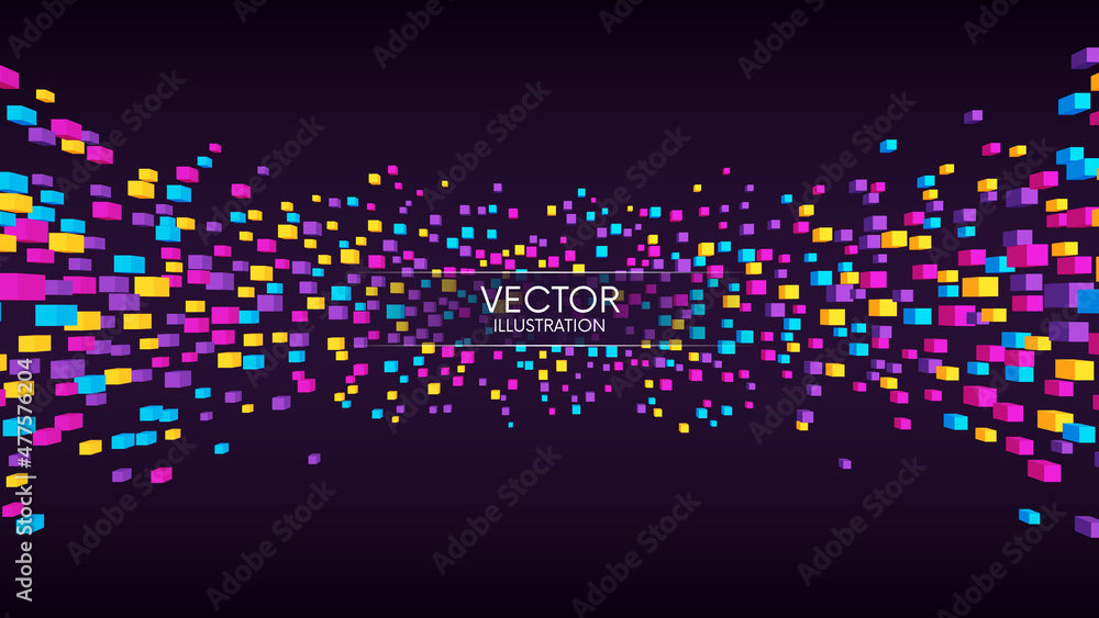 Poster abstract geometric background with flying 3d cubes. wide banner with flowing colorful cubes. vector 