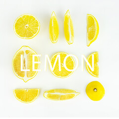 A set of sliced lemon on white background. Top view. Flat lay, top view.