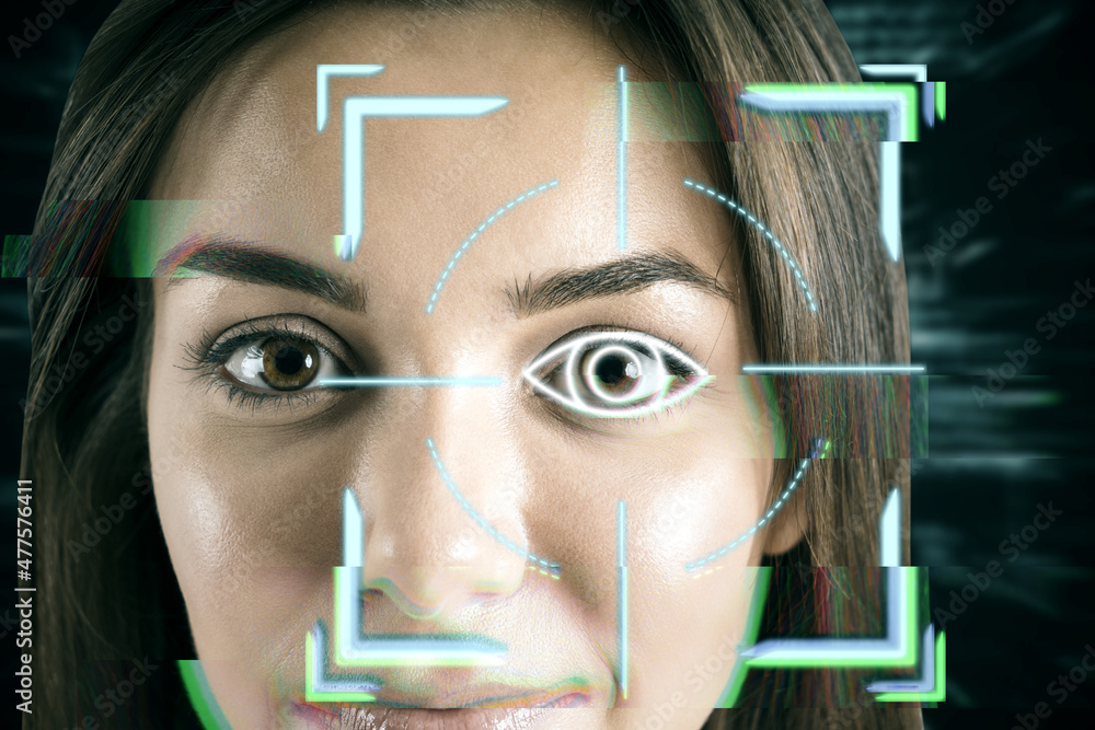 Poster portrait of attractive young european businesswoman with abstract glowing face recognition interface