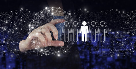 HR Human resources, peoples relation organisation structure. Hand hold digital hologram Human, Leader sign on city dark blurred background. Recruitment Employment Headhunting Concept.