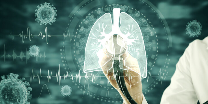 Creative image of medical female worker hand on glowing interface of lungs and virus on blurry background. Medicine, healthcare and pandemic concept. Double exposure.