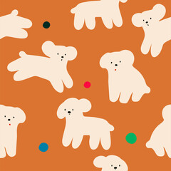 Cute modern pattern with minimalistic poodles  and colorful dots on brown background. Vector seamless texture for kids fabric or home decor.