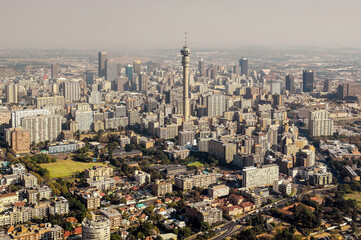 An horizontal aerial view of the central business district of the city of Johannesburg, Gauteng, South Africa