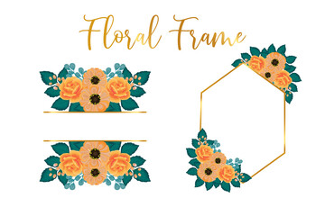 Floral Frame Orange Zinnia With Rose flower Design Template, Digital watercolor hand drawn