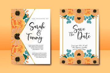 Wedding invitation frame set, floral watercolor Digital hand drawn Orange Zinnia With Rose flower design Invitation Card Template