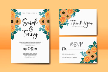 Wedding invitation frame set, floral watercolor Digital hand drawn Orange Zinnia With Rose flower design Invitation Card Template