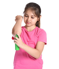 Little girl with mosquito repellent on white background
