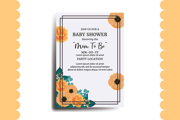 Baby Shower Greeting Card Orange Zinnia With Rose Flower Design Template