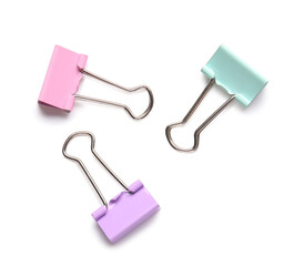 Colorful paper clips on white background