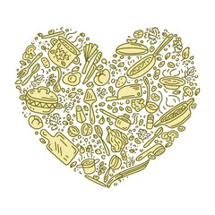 Preparing Food vector illustration shaped in heart. Cooking vector isolated illustration. Vegetables, pots, spoons, spices